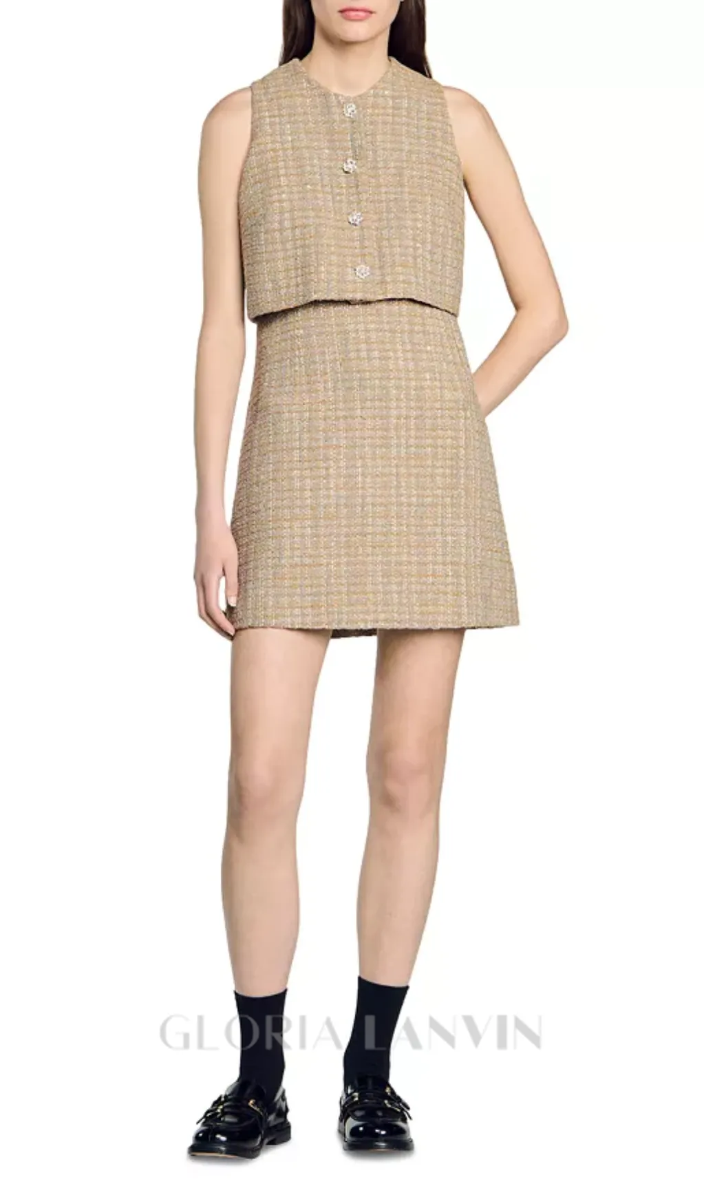 Penelope Tweed Mini Dress in camel Gloria Lanvin