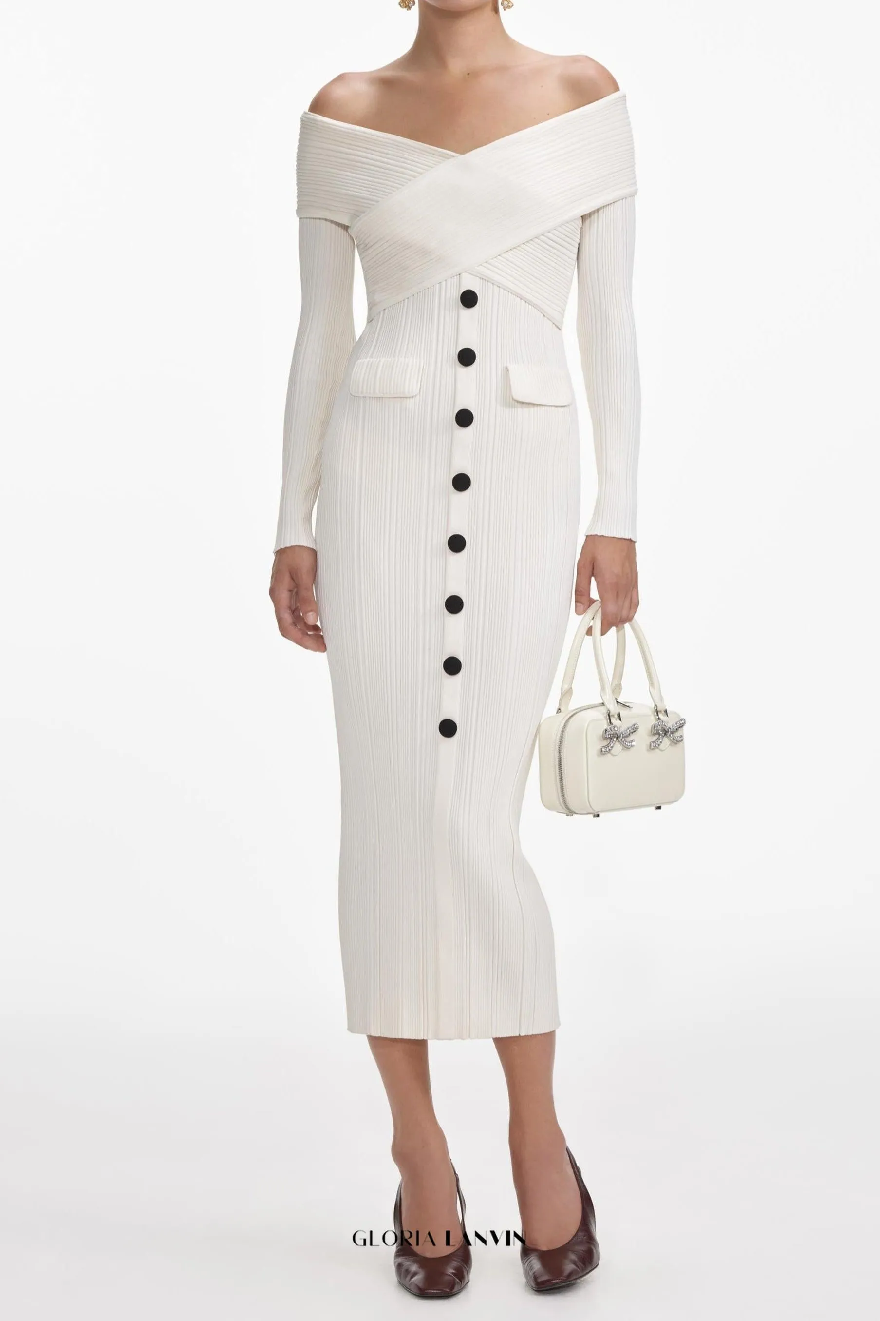 penny Off Shoulder Knit Midi Dress in Cream Gloria Lanvin