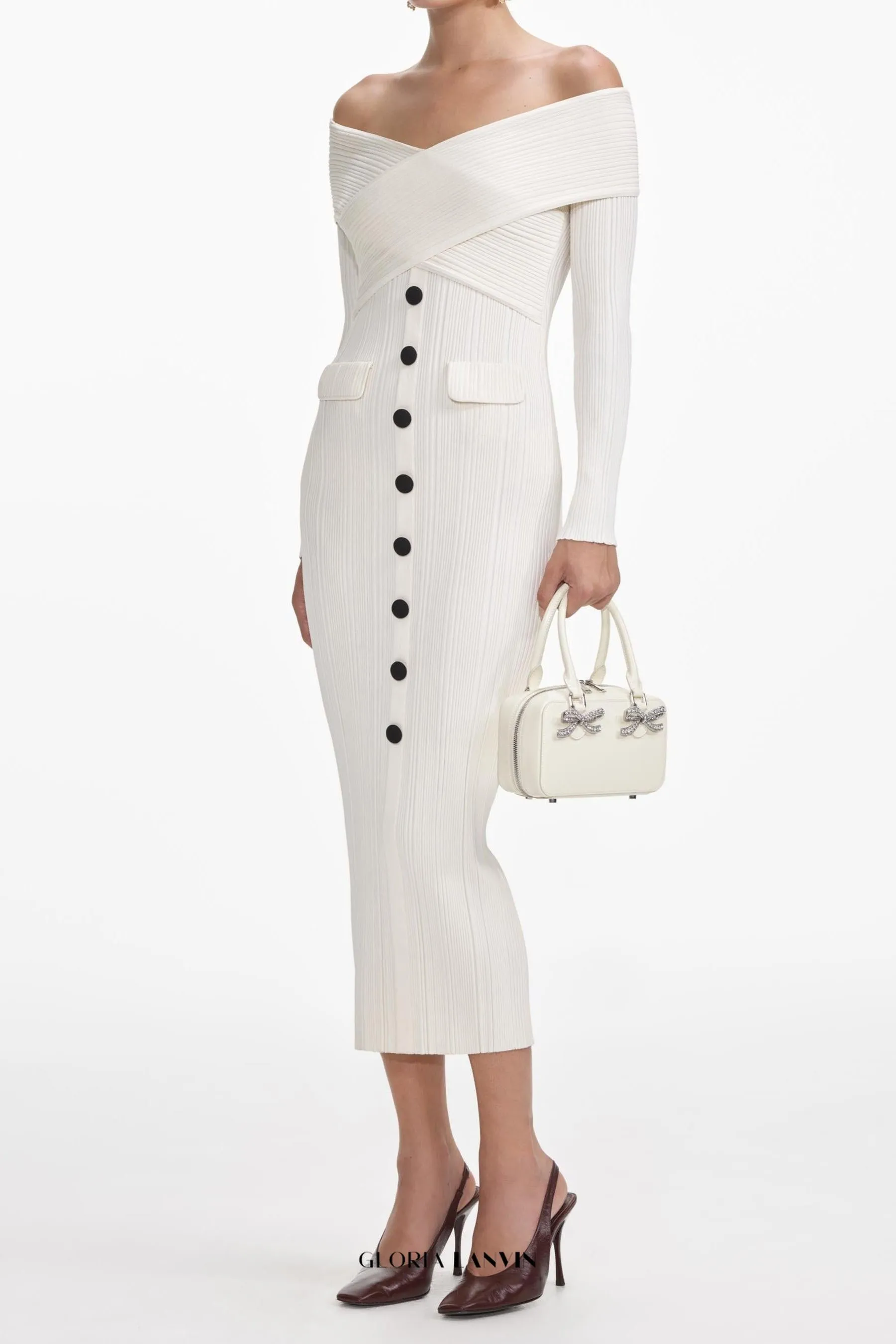 penny Off Shoulder Knit Midi Dress in Cream Gloria Lanvin