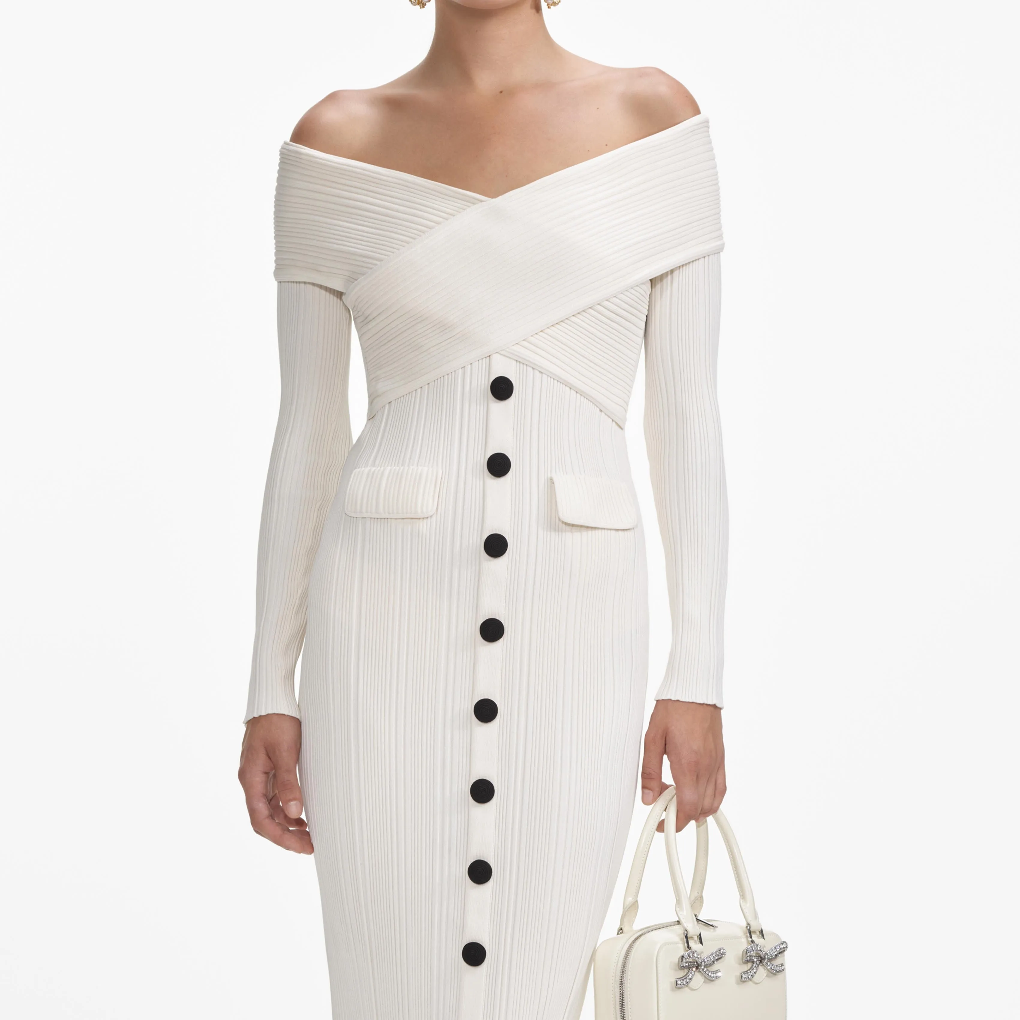 penny Off Shoulder Knit Midi Dress in Cream Gloria Lanvin