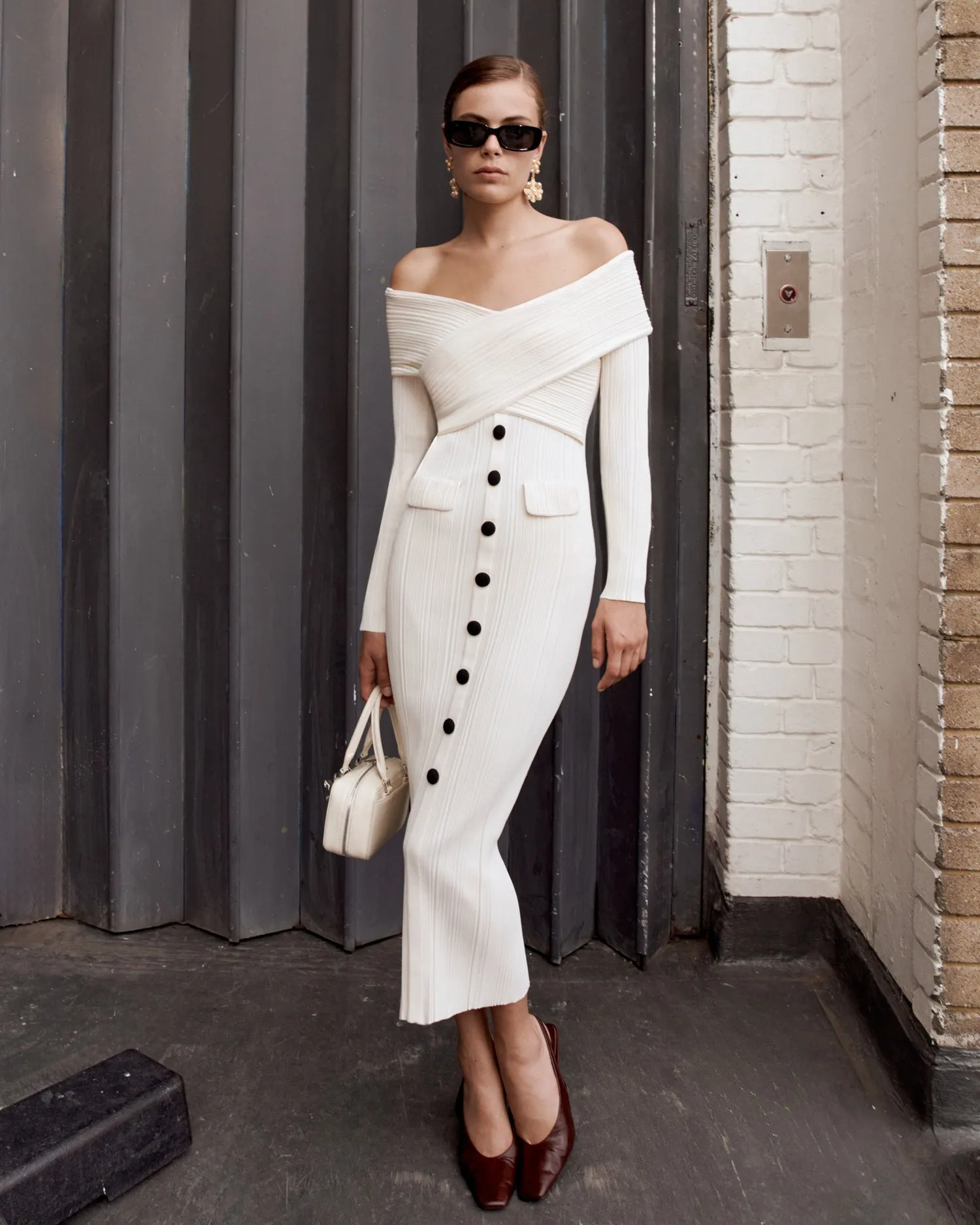 penny Off Shoulder Knit Midi Dress in Cream Gloria Lanvin