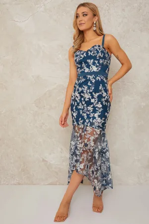 Peplum Embroidered Lace Bodycon Dress in Blue Gloria Lanvin
