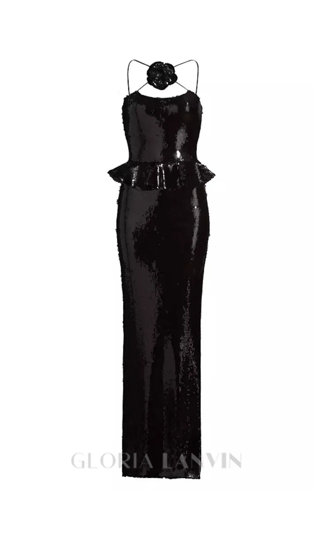 peplum waist sequin maxi dress in black Gloria Lanvin