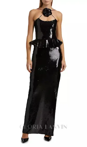 peplum waist sequin maxi dress in black Gloria Lanvin