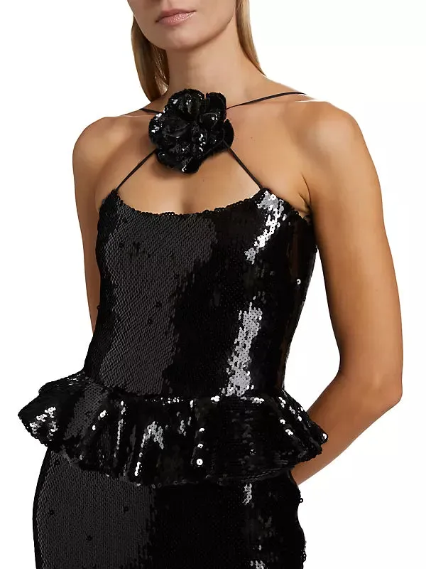 peplum waist sequin maxi dress in black Gloria Lanvin