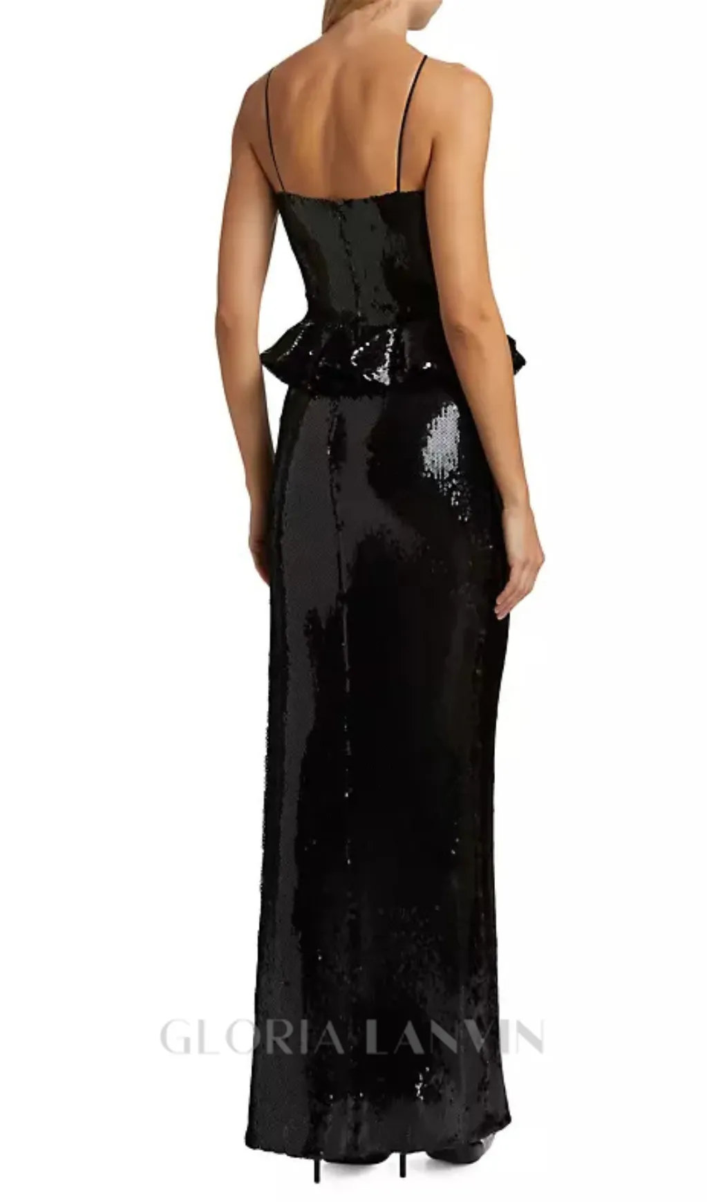 peplum waist sequin maxi dress in black Gloria Lanvin