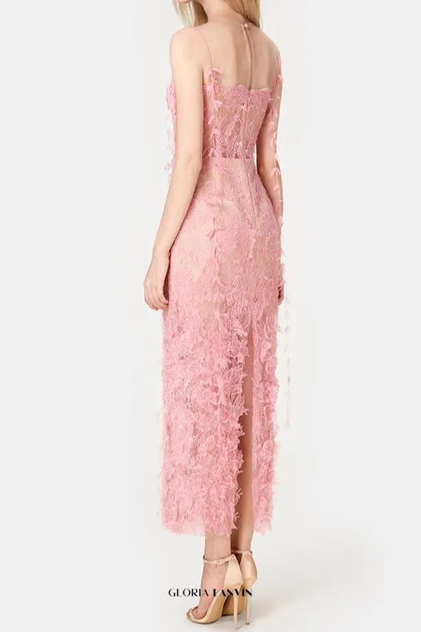 PINK BEADED LACE PENCIL MIDI DRESS Gloria Lanvin