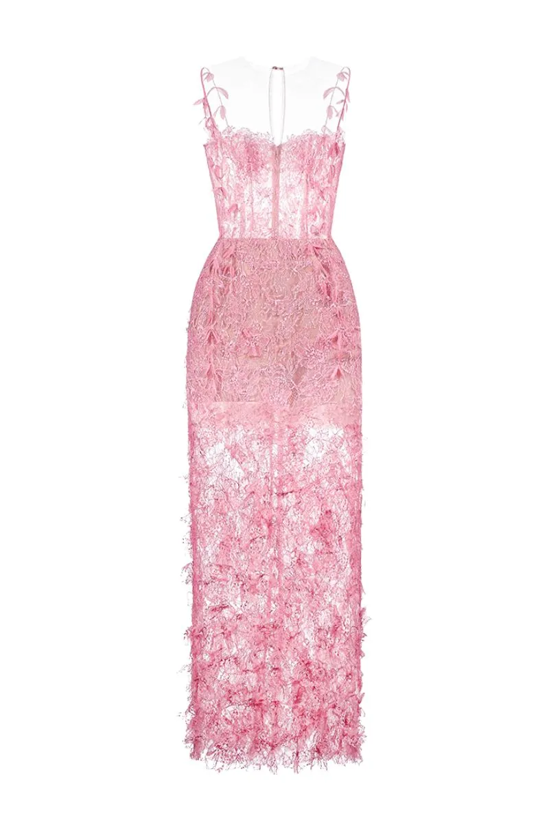 PINK BEADED LACE PENCIL MIDI DRESS Gloria Lanvin