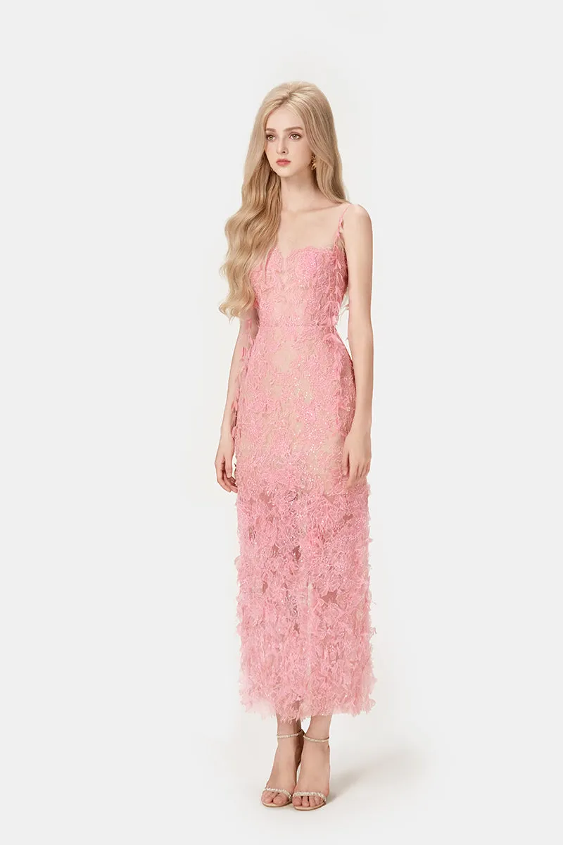 PINK BEADED LACE PENCIL MIDI DRESS Gloria Lanvin
