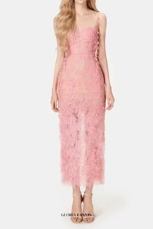 PINK BEADED LACE PENCIL MIDI DRESS Gloria Lanvin