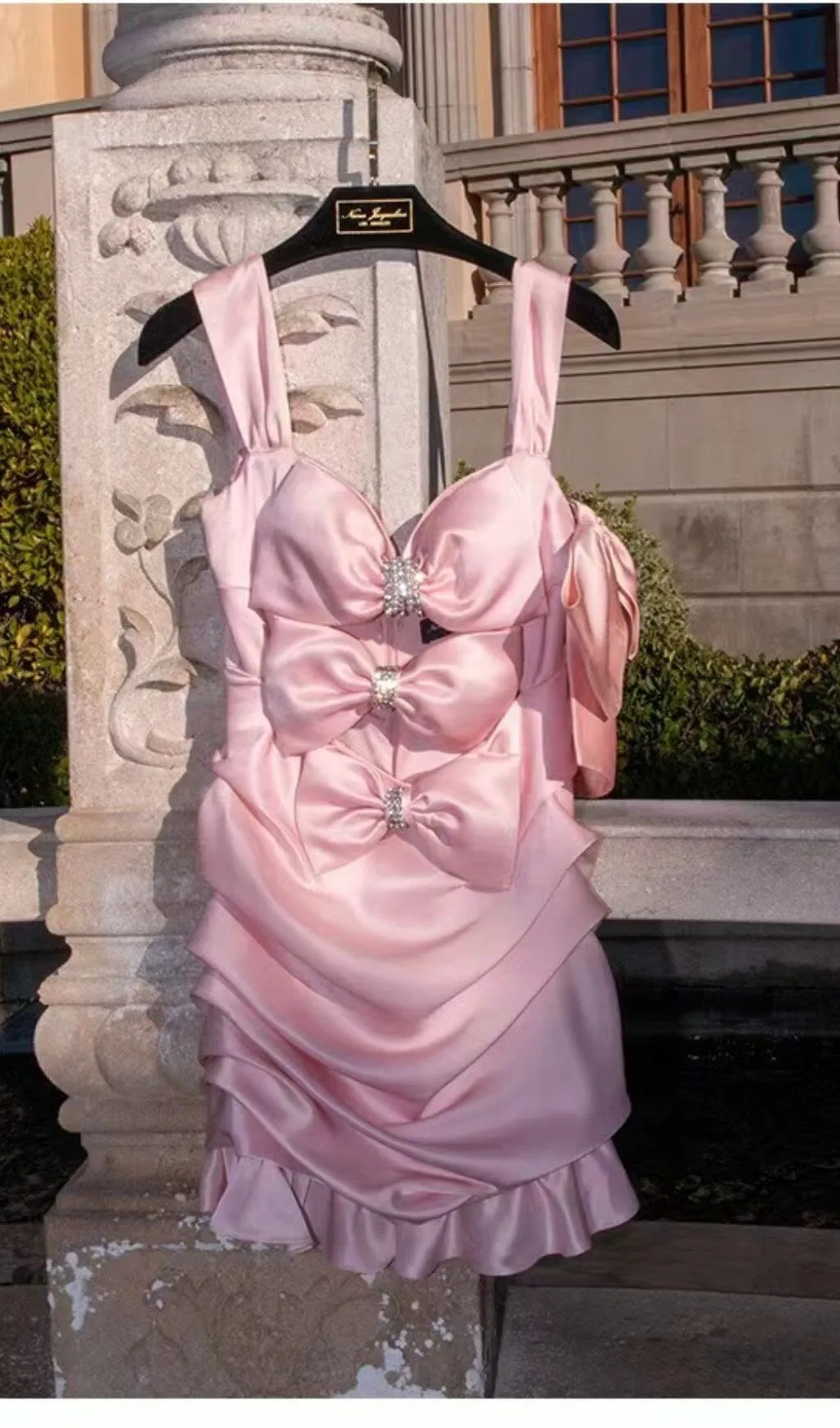PINK BOW CUT OUT RUCHED MINI DRESS Gloria Lanvin