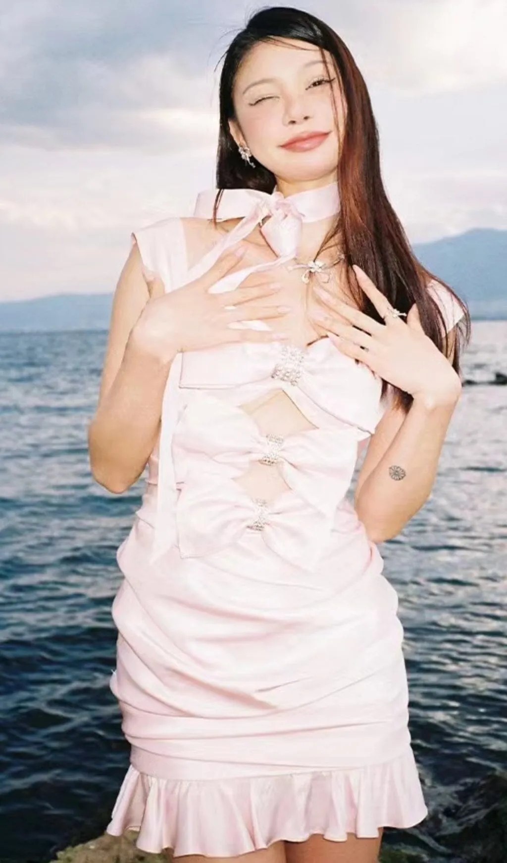 PINK BOW CUT OUT RUCHED MINI DRESS Gloria Lanvin