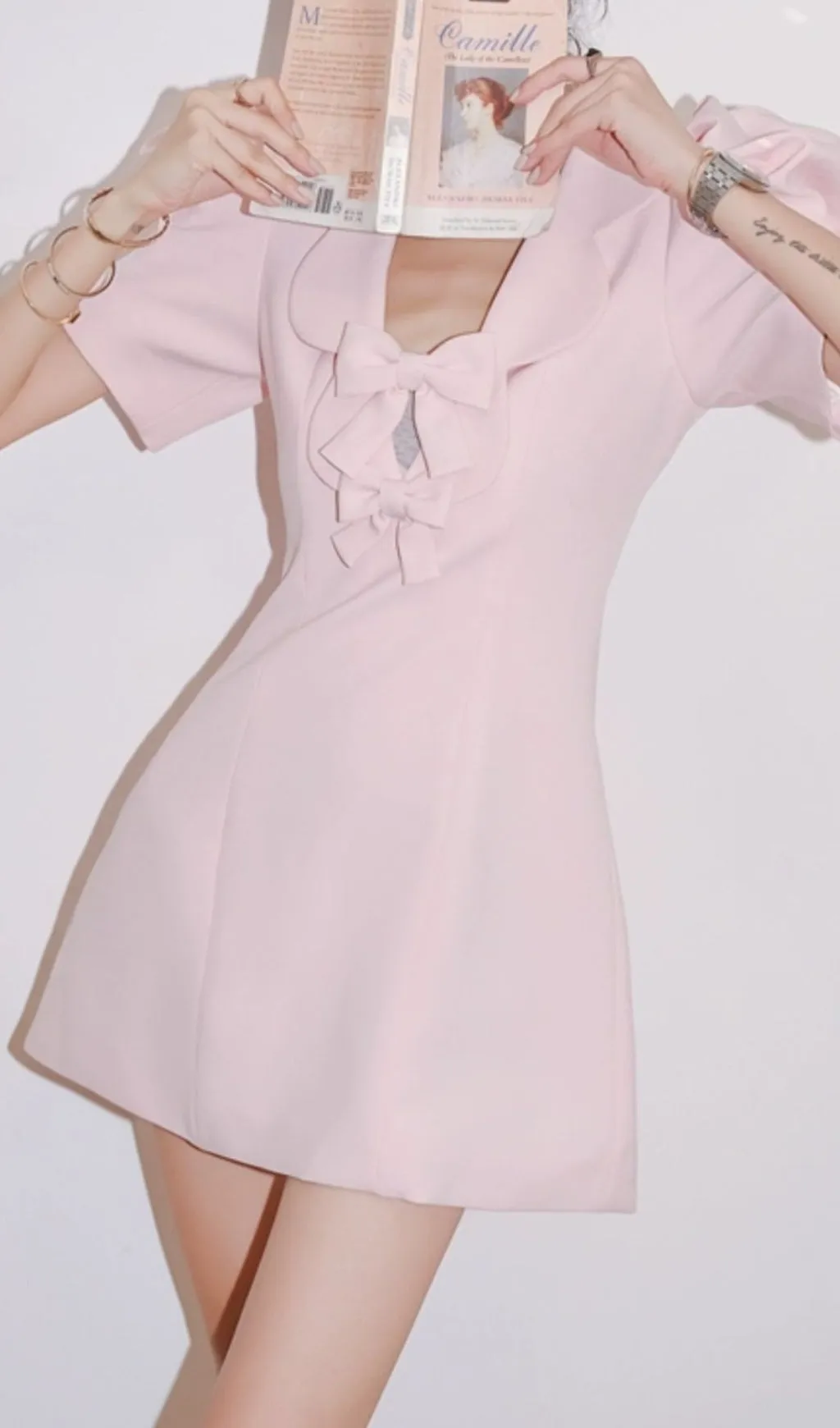 Pink Bow Puff Sleeve Mini Dress Gloria Lanvin