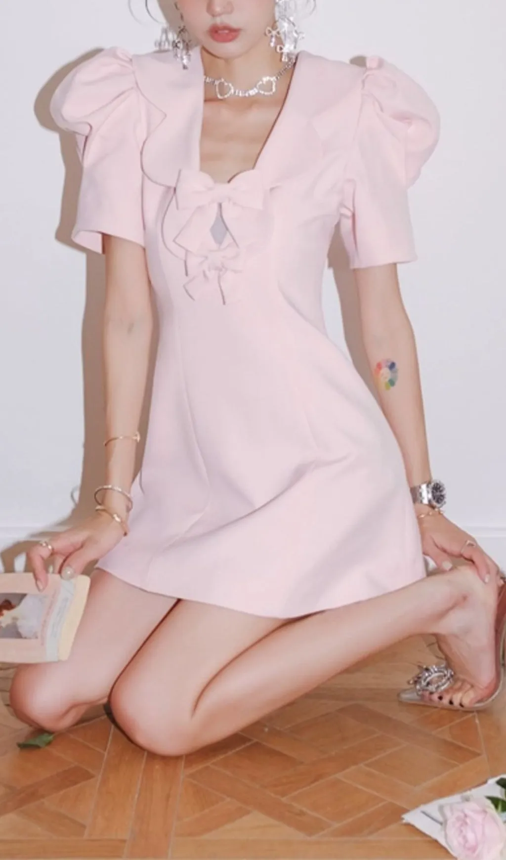 Pink Bow Puff Sleeve Mini Dress Gloria Lanvin