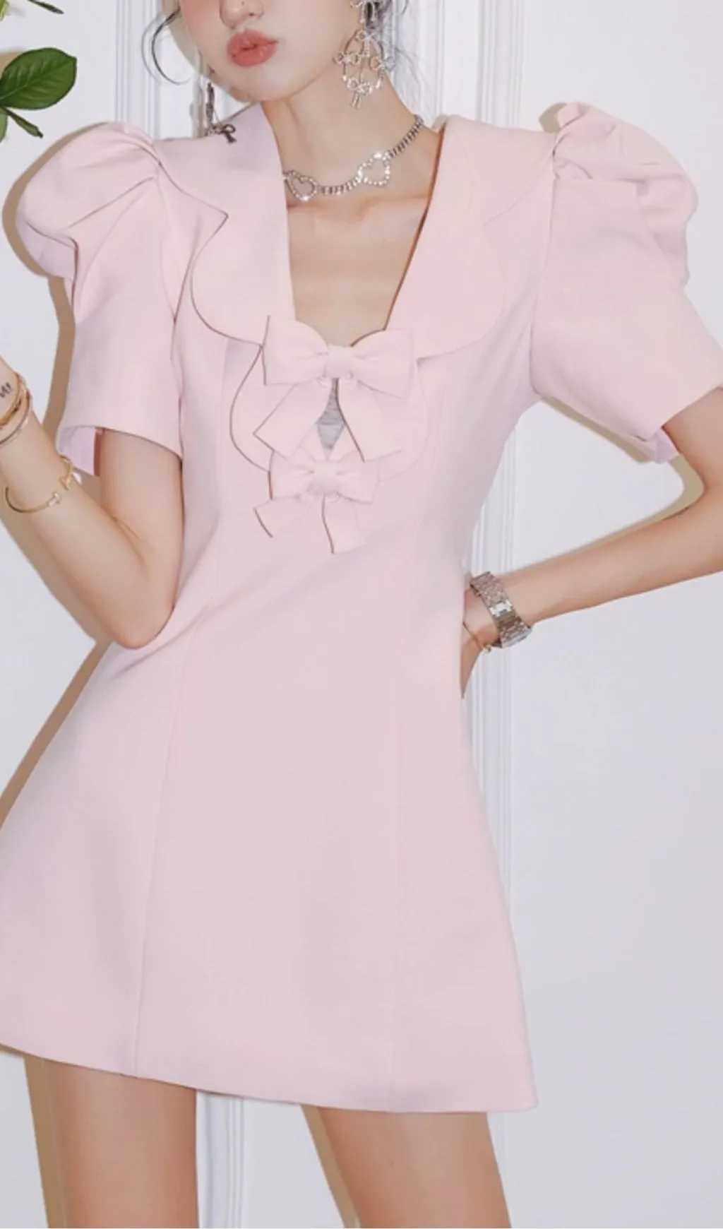 Pink Bow Puff Sleeve Mini Dress Gloria Lanvin