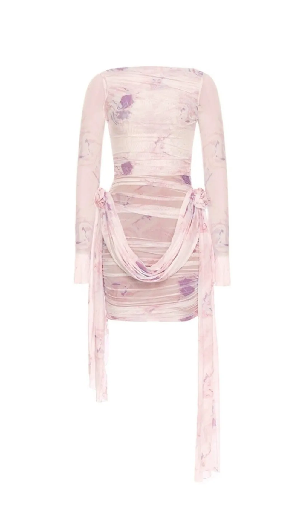PINK FLARED LONG-SLEEVED PRINTED FLORAL MINI DRESS Gloria Lanvin