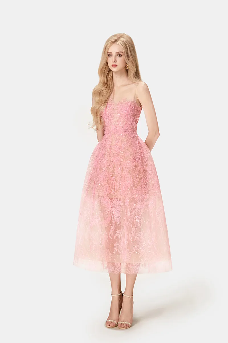 PINK FLORAL LACE EMBROIDER MIDI DRESS Gloria Lanvin