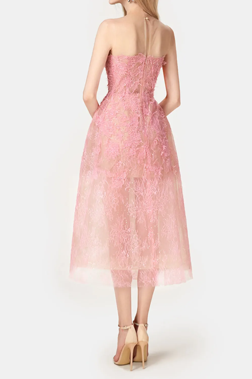 PINK FLORAL LACE EMBROIDER MIDI DRESS Gloria Lanvin