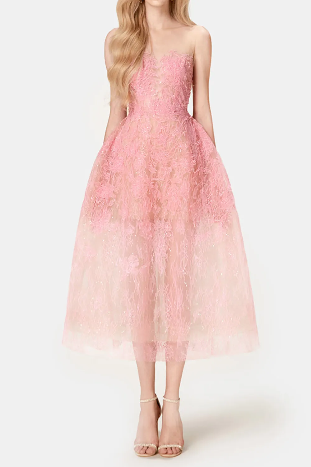 PINK FLORAL LACE EMBROIDER MIDI DRESS Gloria Lanvin
