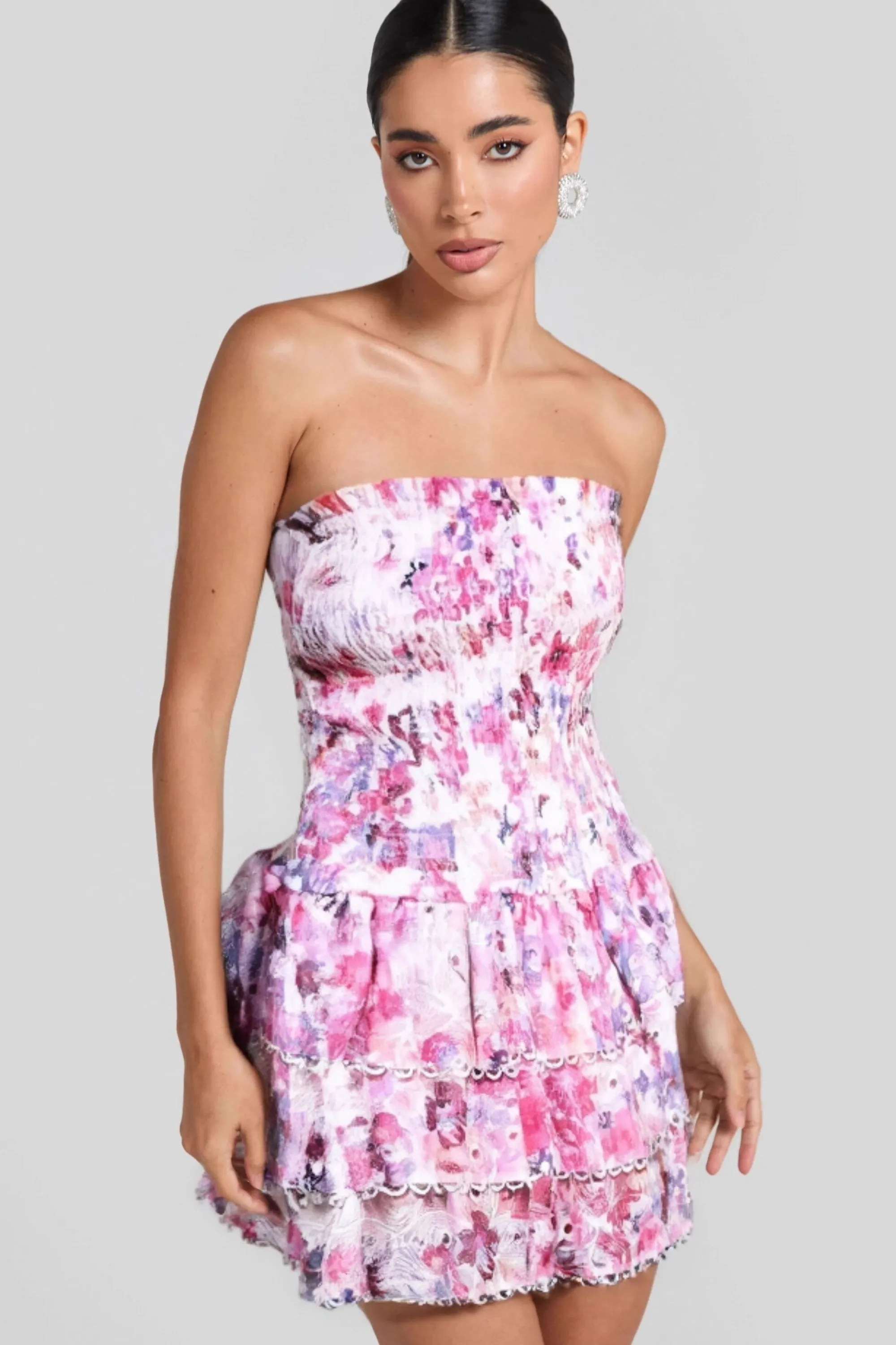 PINK FLORAL RUCHED STRAPLESS MINI DRESS Gloria Lanvin