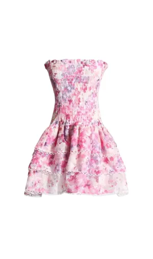 PINK FLORAL RUCHED STRAPLESS MINI DRESS Gloria Lanvin
