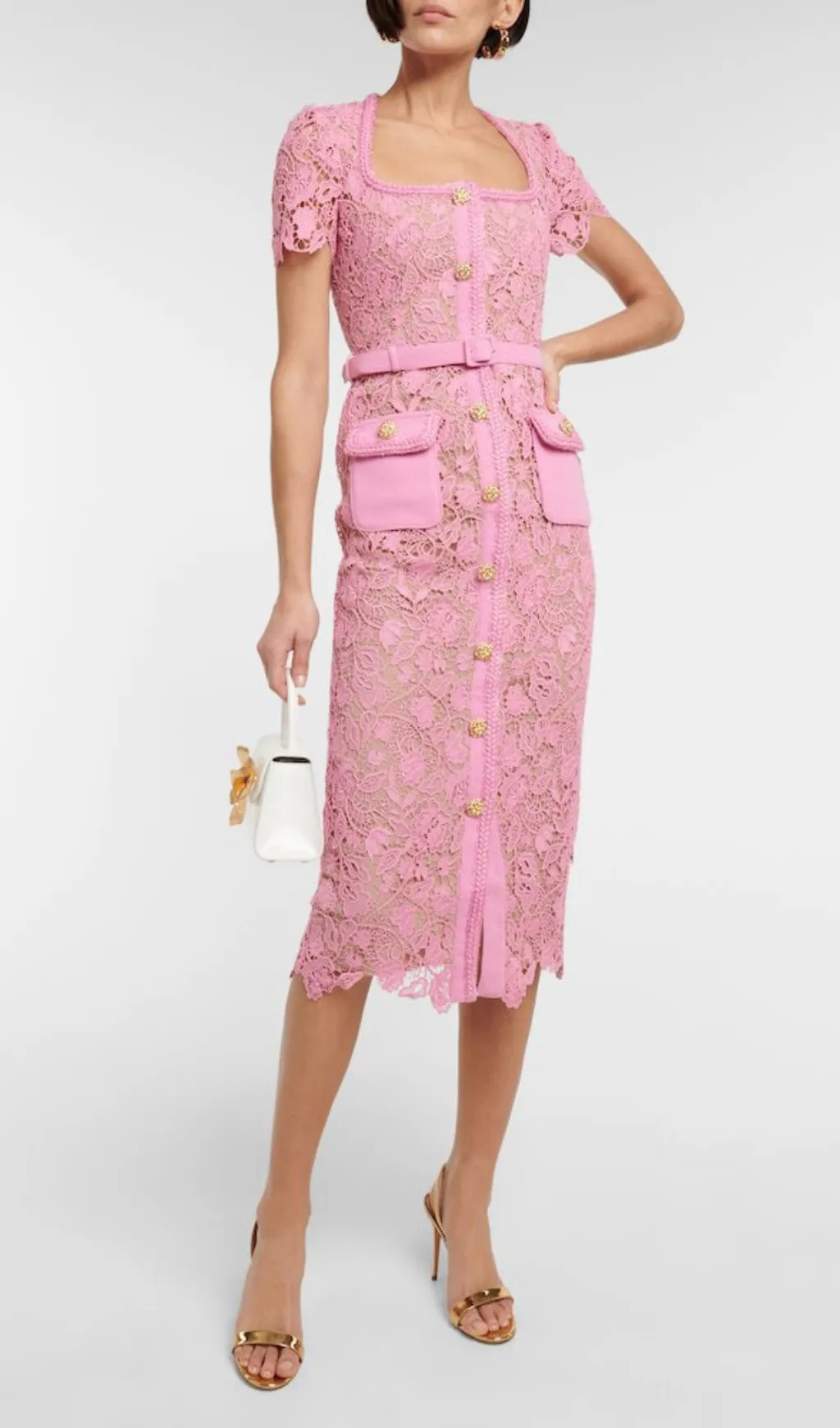 PINK GUIPURE LACE MIDI DRESS Gloria Lanvin