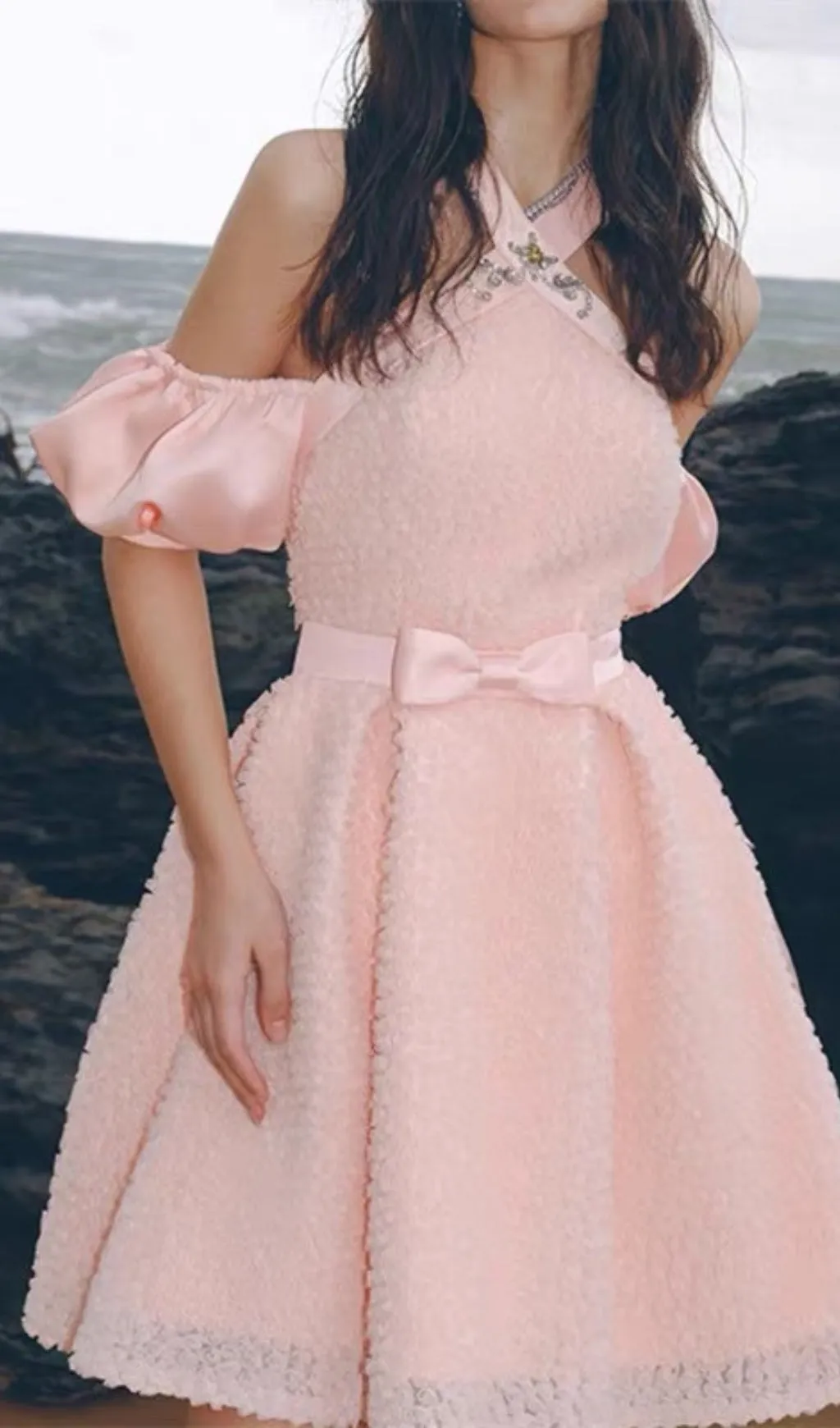 PINK HALTER NECK OFF SHOULDER MINI DRESS Gloria Lanvin
