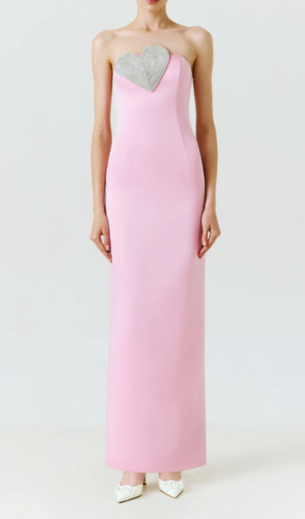 PINK HEART-EMBELLISHED STRAPLESS COLUMN MIDI DRESS Gloria Lanvin