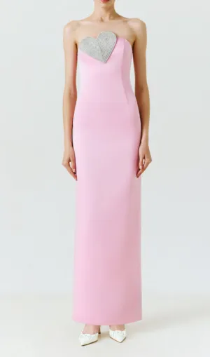 PINK HEART-EMBELLISHED STRAPLESS COLUMN MIDI DRESS Gloria Lanvin