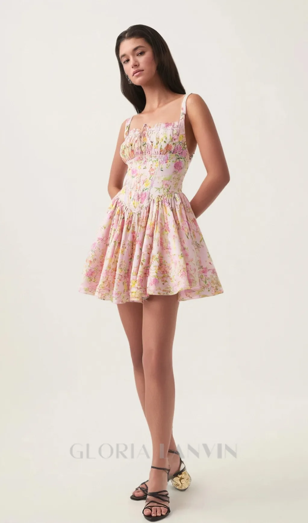 Pink Meadow Print Cotton Mini Dress Gloria Lanvin