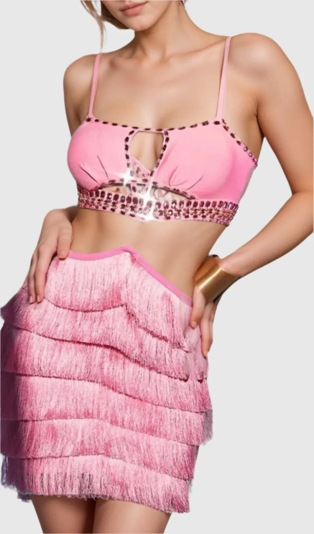 PINK RHINESTONE CUTOUT FRINGE DRESS Gloria Lanvin