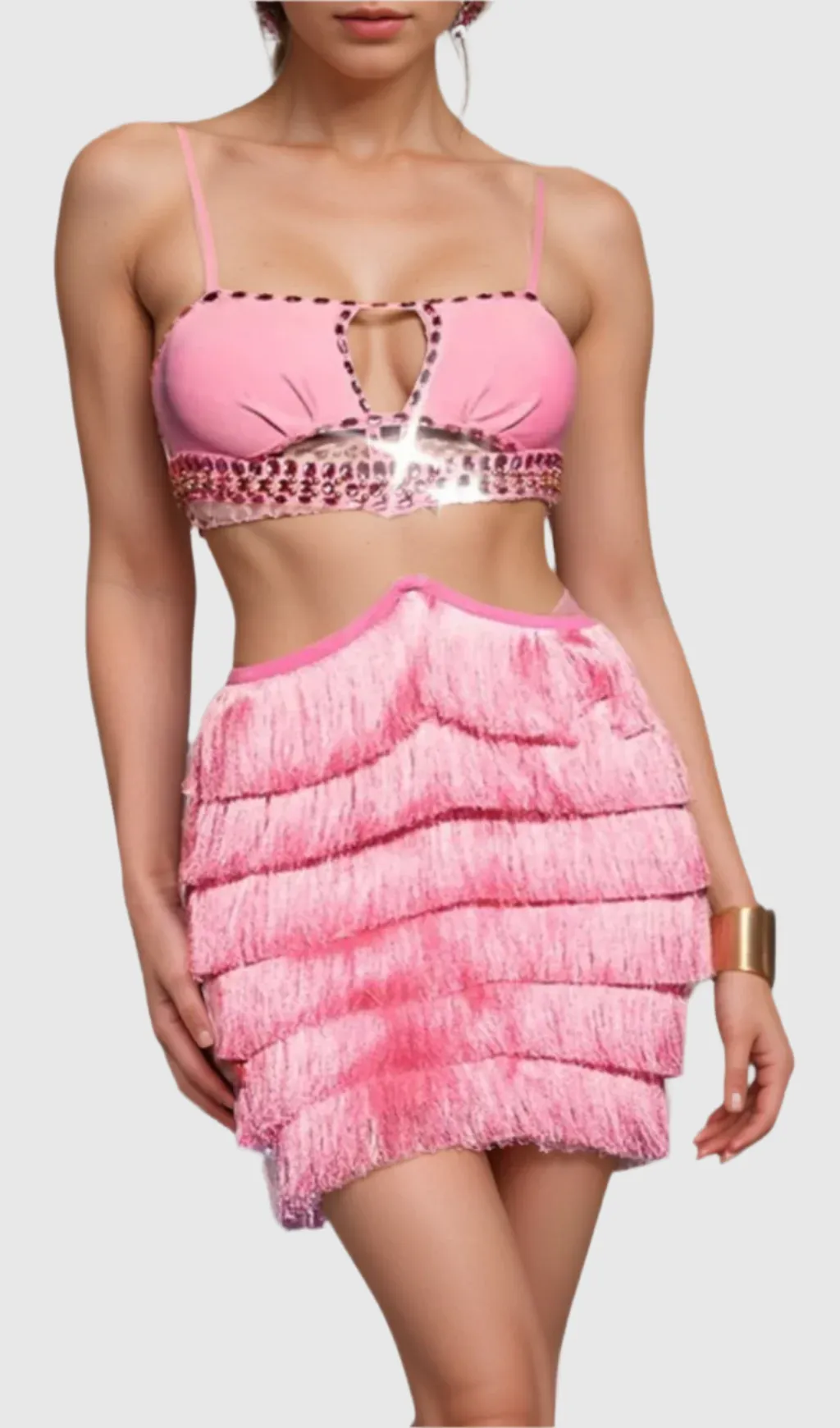PINK RHINESTONE CUTOUT FRINGE DRESS Gloria Lanvin