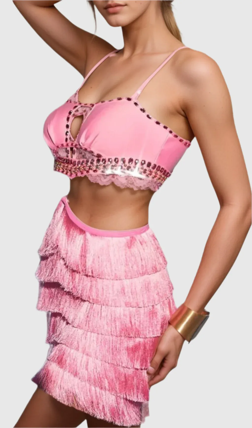 PINK RHINESTONE CUTOUT FRINGE DRESS Gloria Lanvin