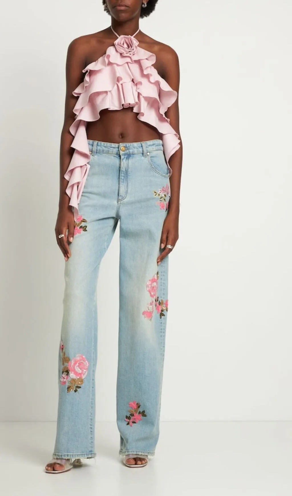 PINK RUFFLE-DETAIL HALTER CROP TOP Gloria Lanvin