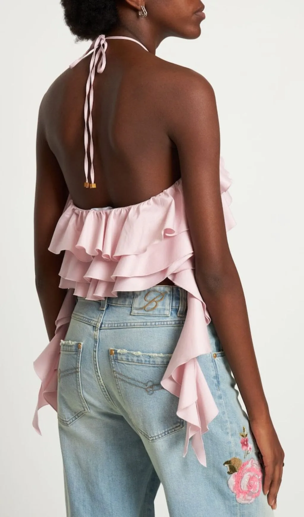 PINK RUFFLE-DETAIL HALTER CROP TOP Gloria Lanvin
