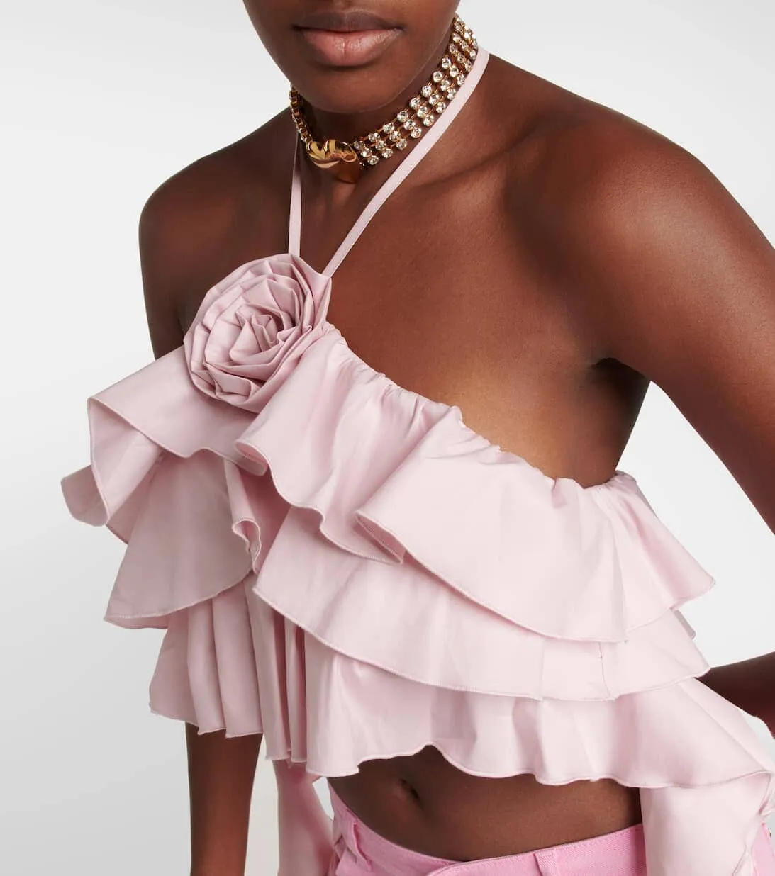 PINK RUFFLE-DETAIL HALTER CROP TOP Gloria Lanvin