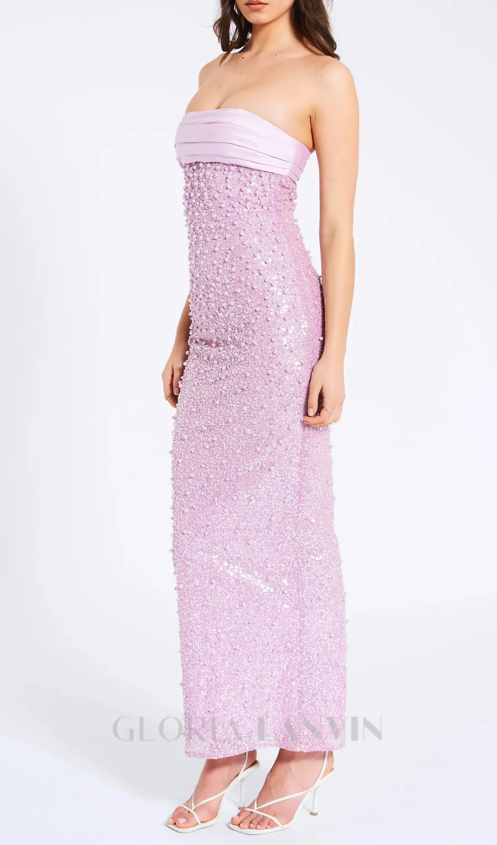 PINK SATIN SEQUIN PEARLS BEADED MAXI DRESS Gloria Lanvin