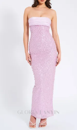 PINK SATIN SEQUIN PEARLS BEADED MAXI DRESS Gloria Lanvin