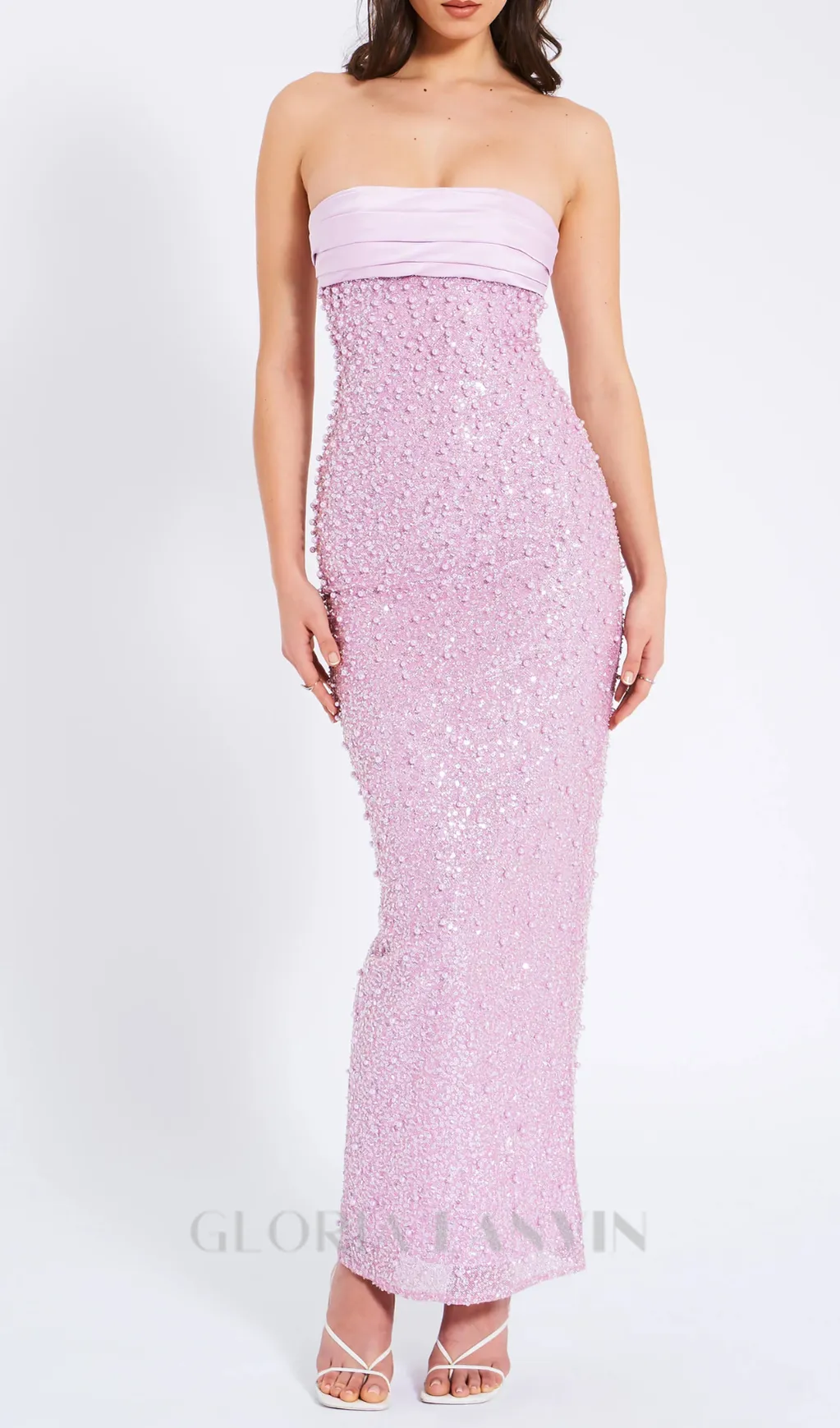PINK SATIN SEQUIN PEARLS BEADED MAXI DRESS Gloria Lanvin