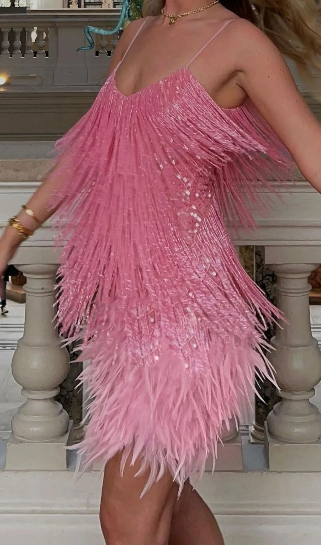 PINK TASSEL FEATHER MINI DRESS Gloria Lanvin