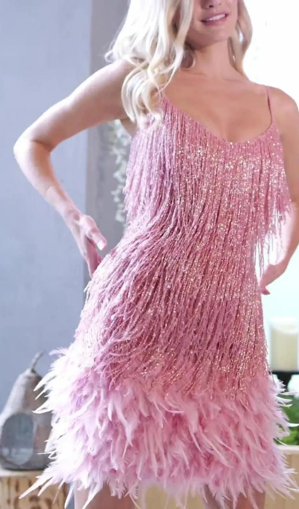 PINK TASSEL FEATHER MINI DRESS Gloria Lanvin