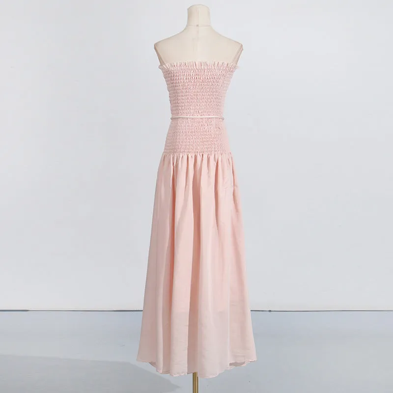 pleated belt chiffon strapless maxi dress in pale pink Gloria Lanvin