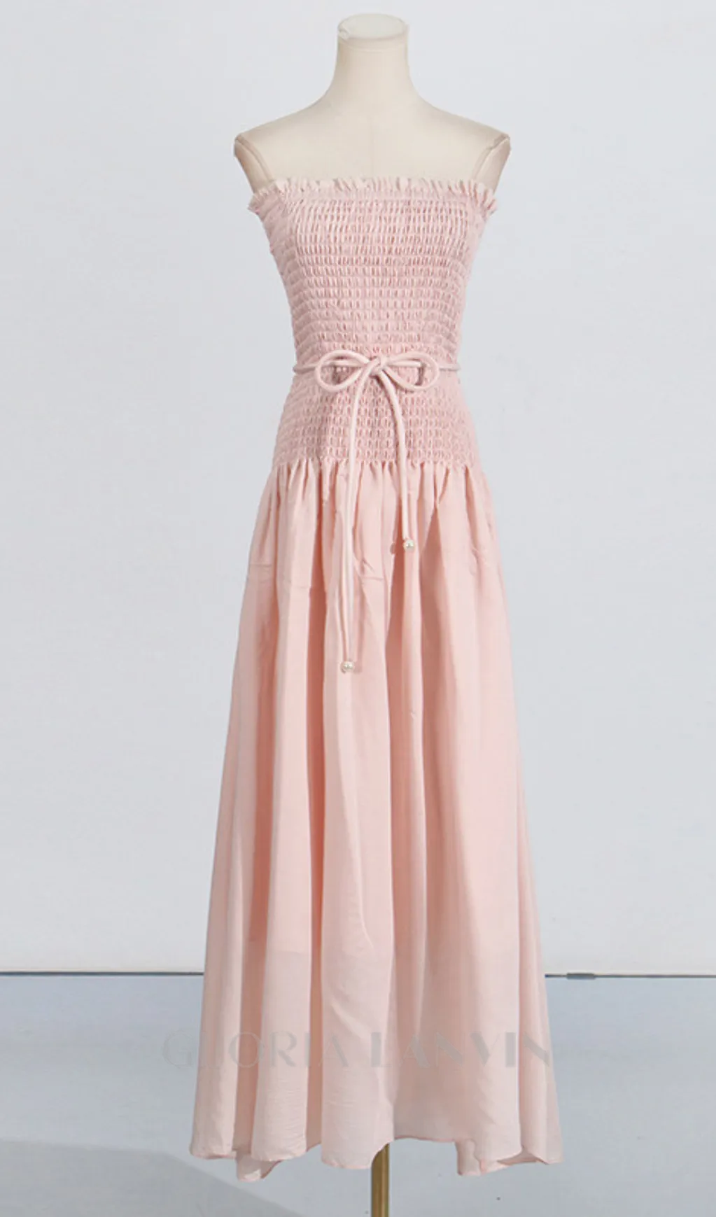 pleated belt chiffon strapless maxi dress in pale pink Gloria Lanvin
