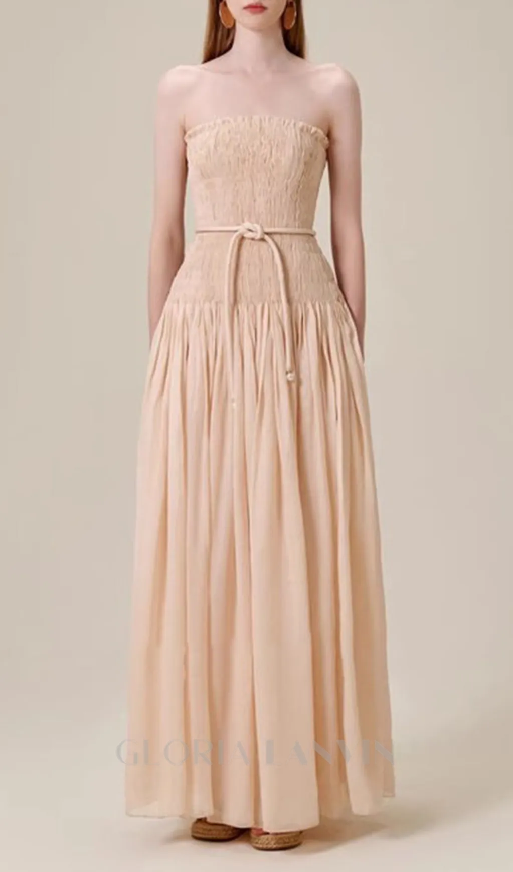 pleated belt chiffon strapless maxi dress in pale pink Gloria Lanvin