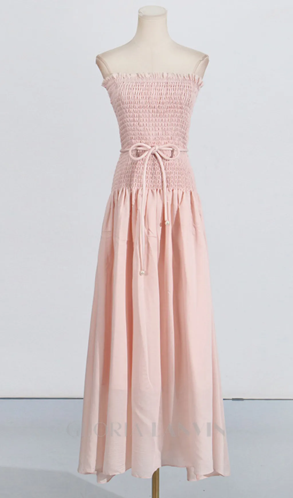 pleated belt chiffon strapless maxi dress in pale pink Gloria Lanvin