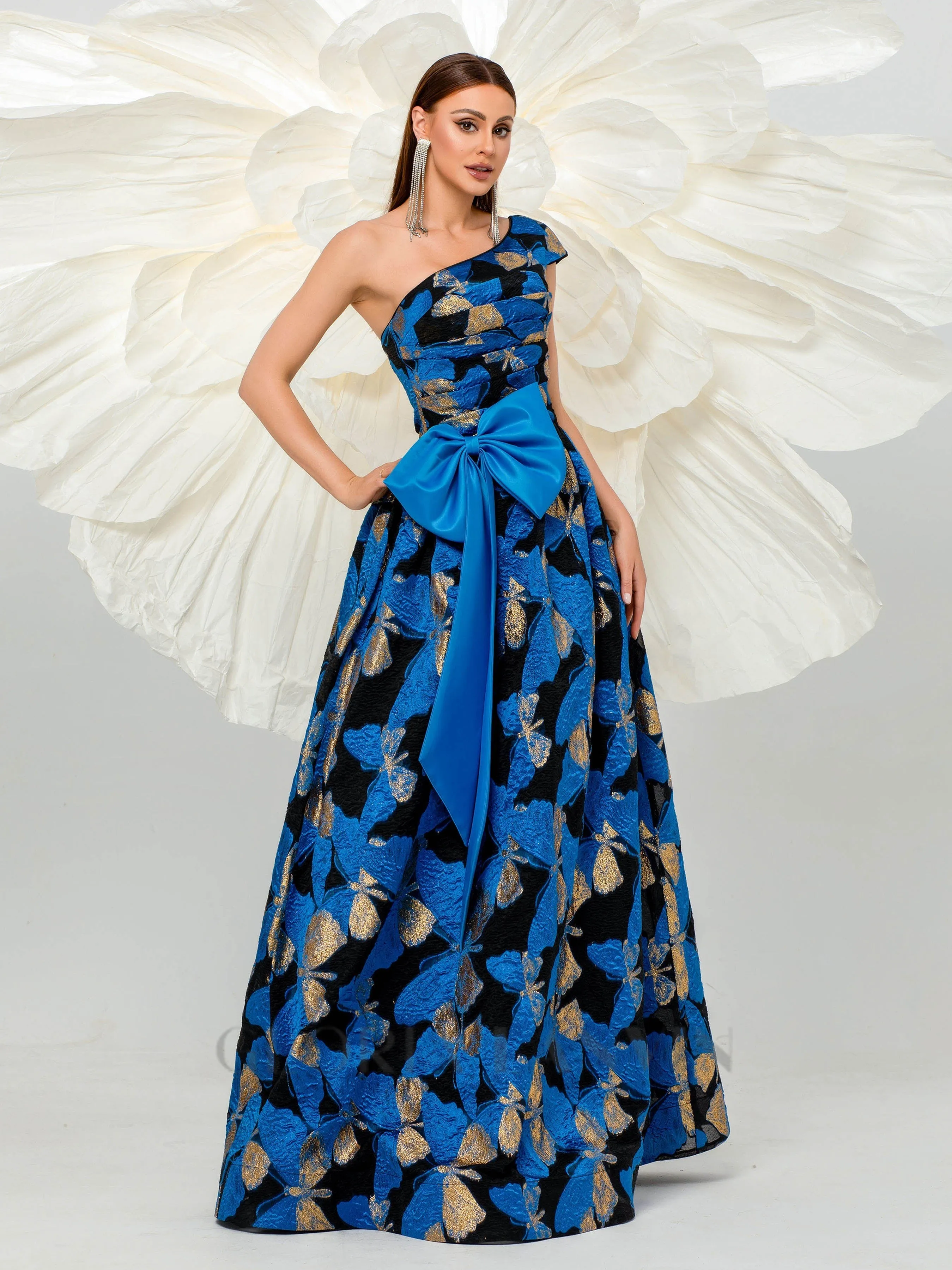 Pleated Jacquard Bow Floral A-line Dress Gloria Lanvin
