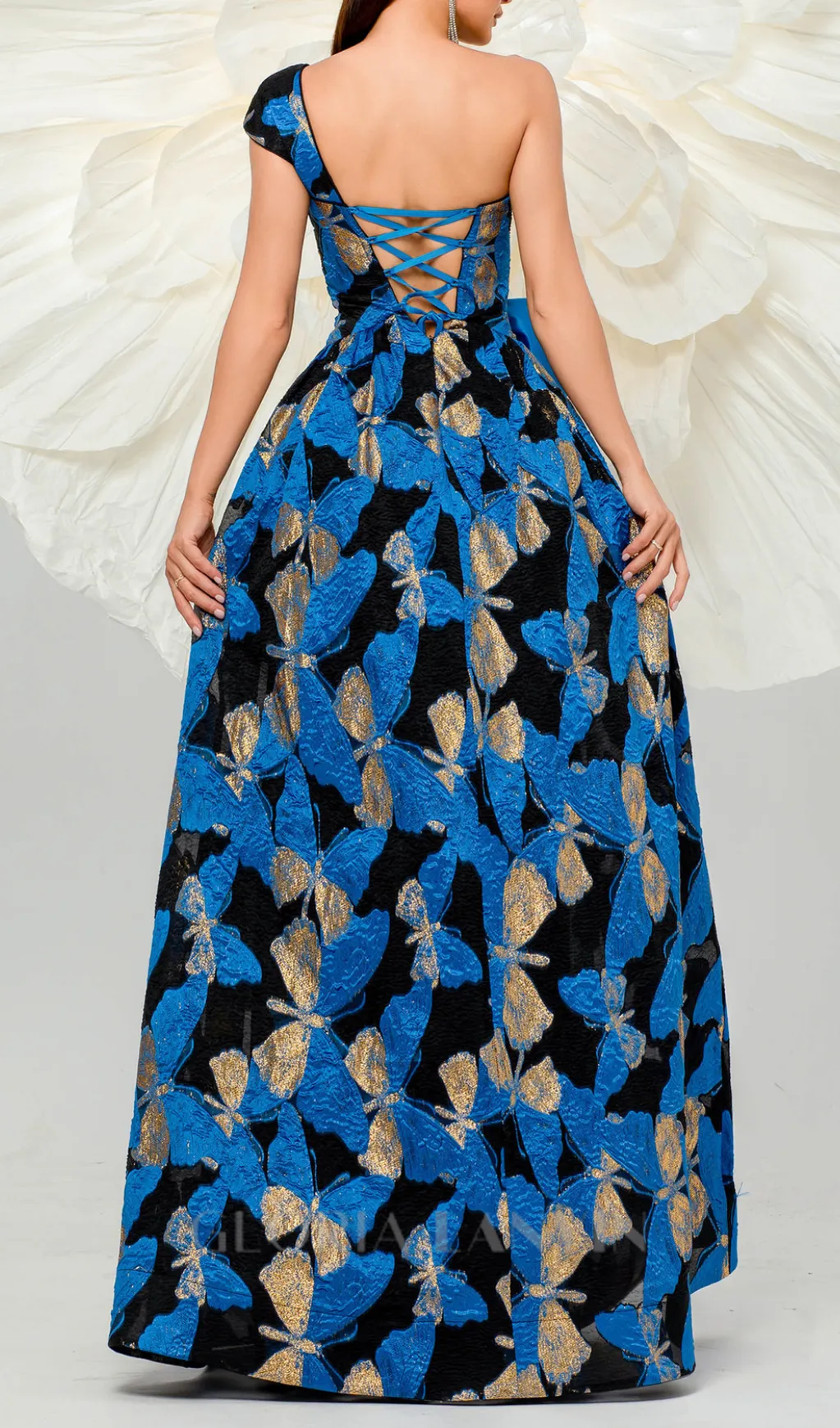Pleated Jacquard Bow Floral A-line Dress Gloria Lanvin