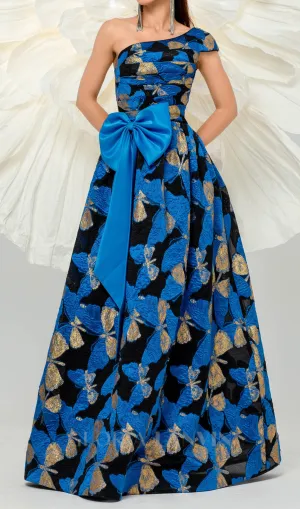 Pleated Jacquard Bow Floral A-line Dress Gloria Lanvin