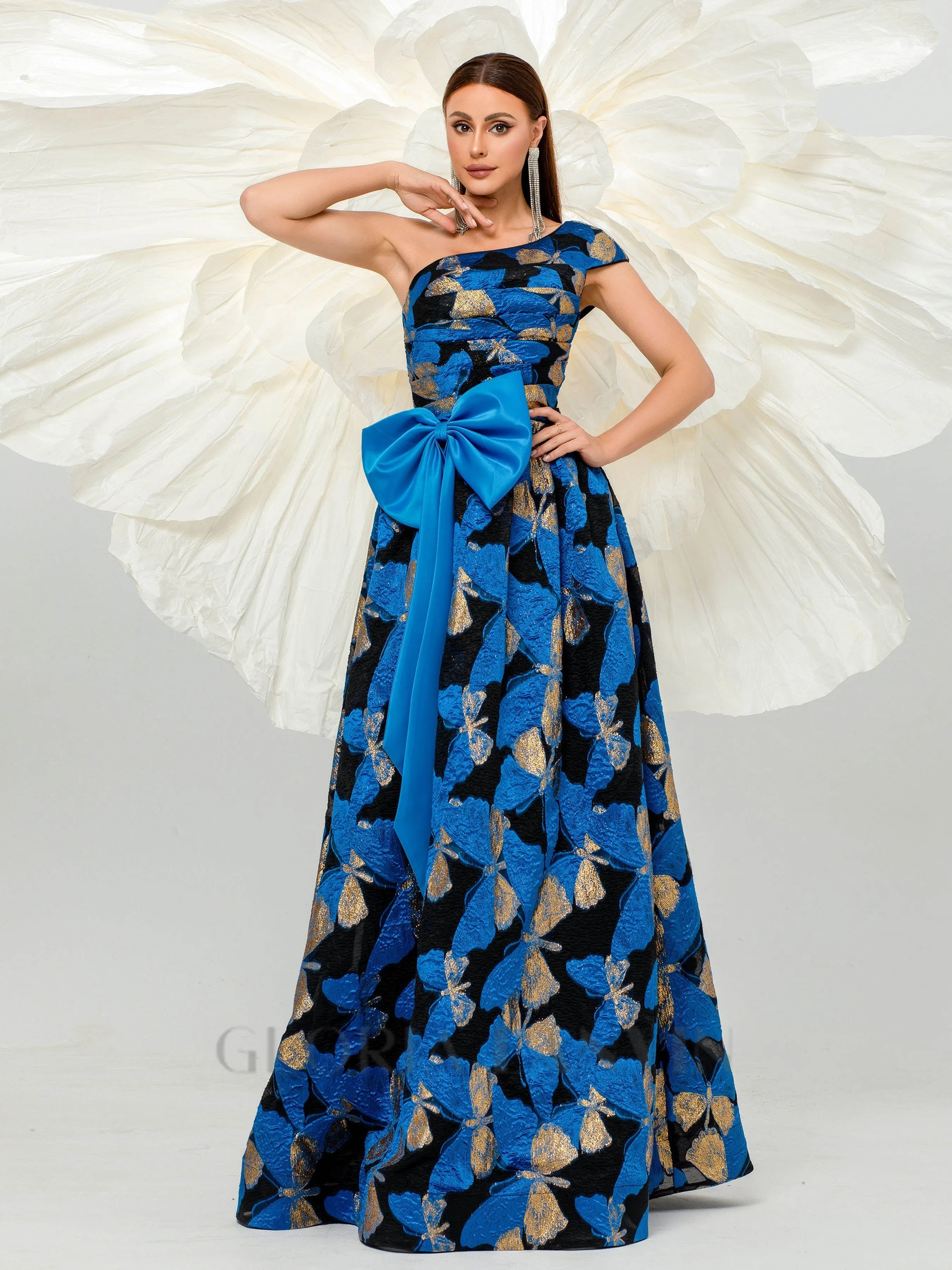 Pleated Jacquard Bow Floral A-line Dress Gloria Lanvin
