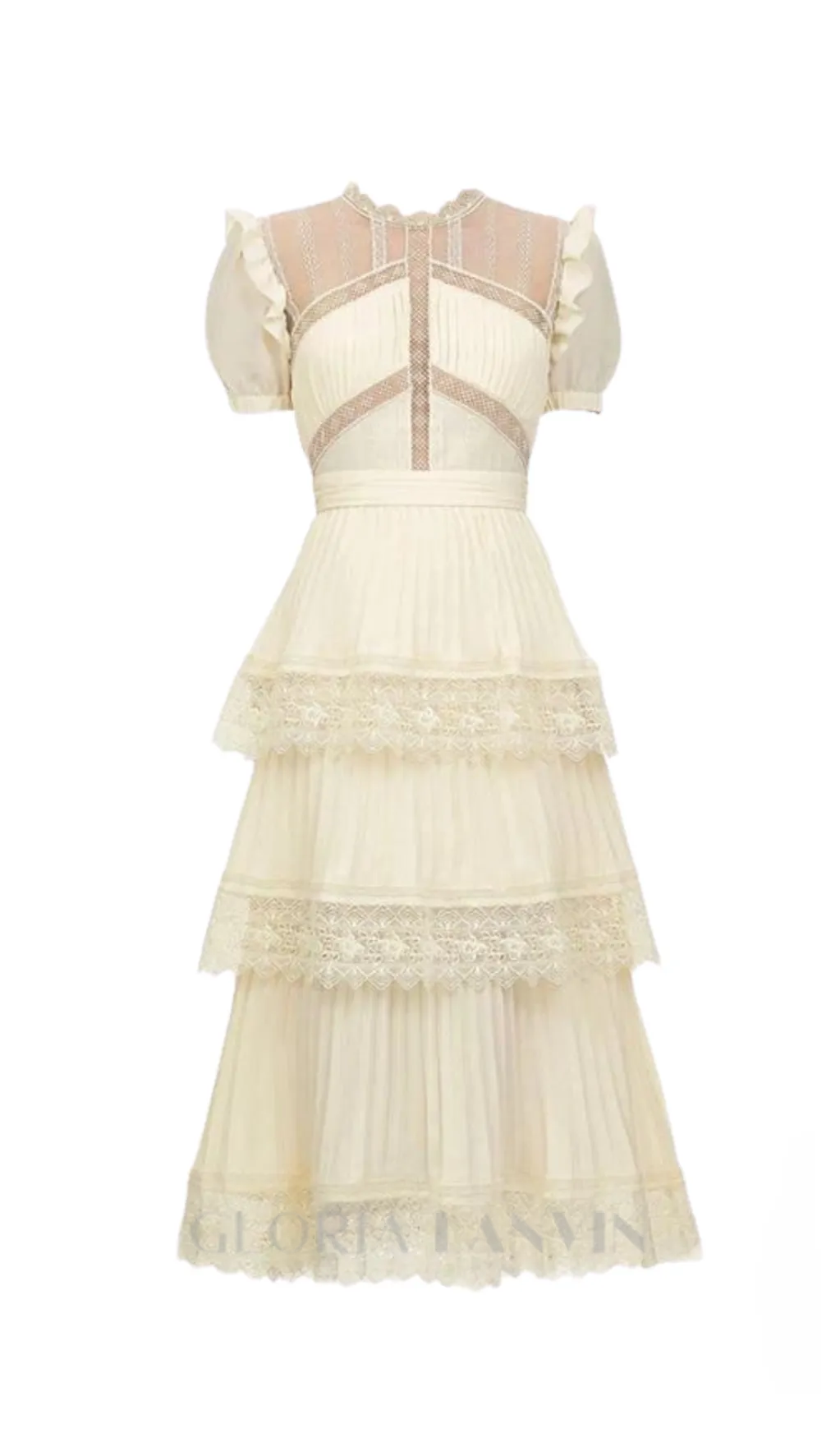 PLEATED LACE MIDI DRESS IN APRICOT Gloria Lanvin